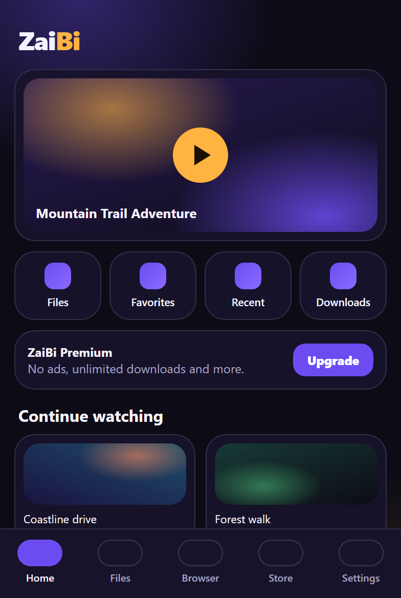 Home screen with continue watching and shortcuts
