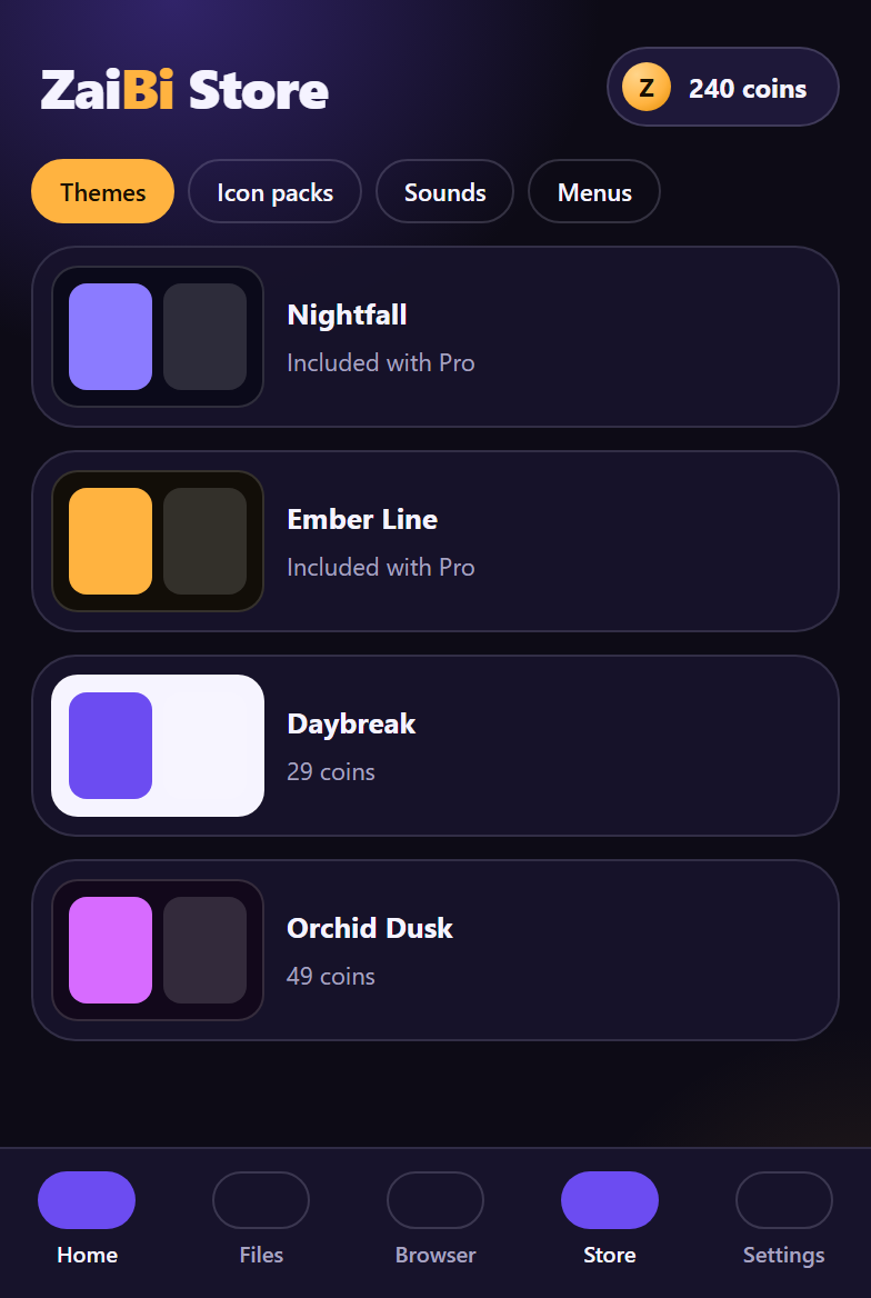 ZaiBi Store showing themes and the coin balance